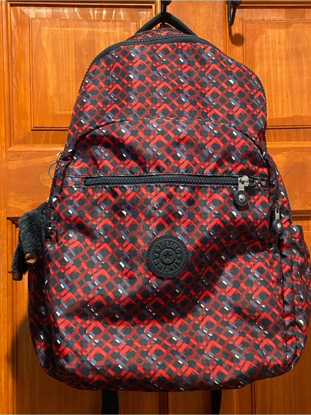 Kipling Red and Black Geometric Pattern Backpack